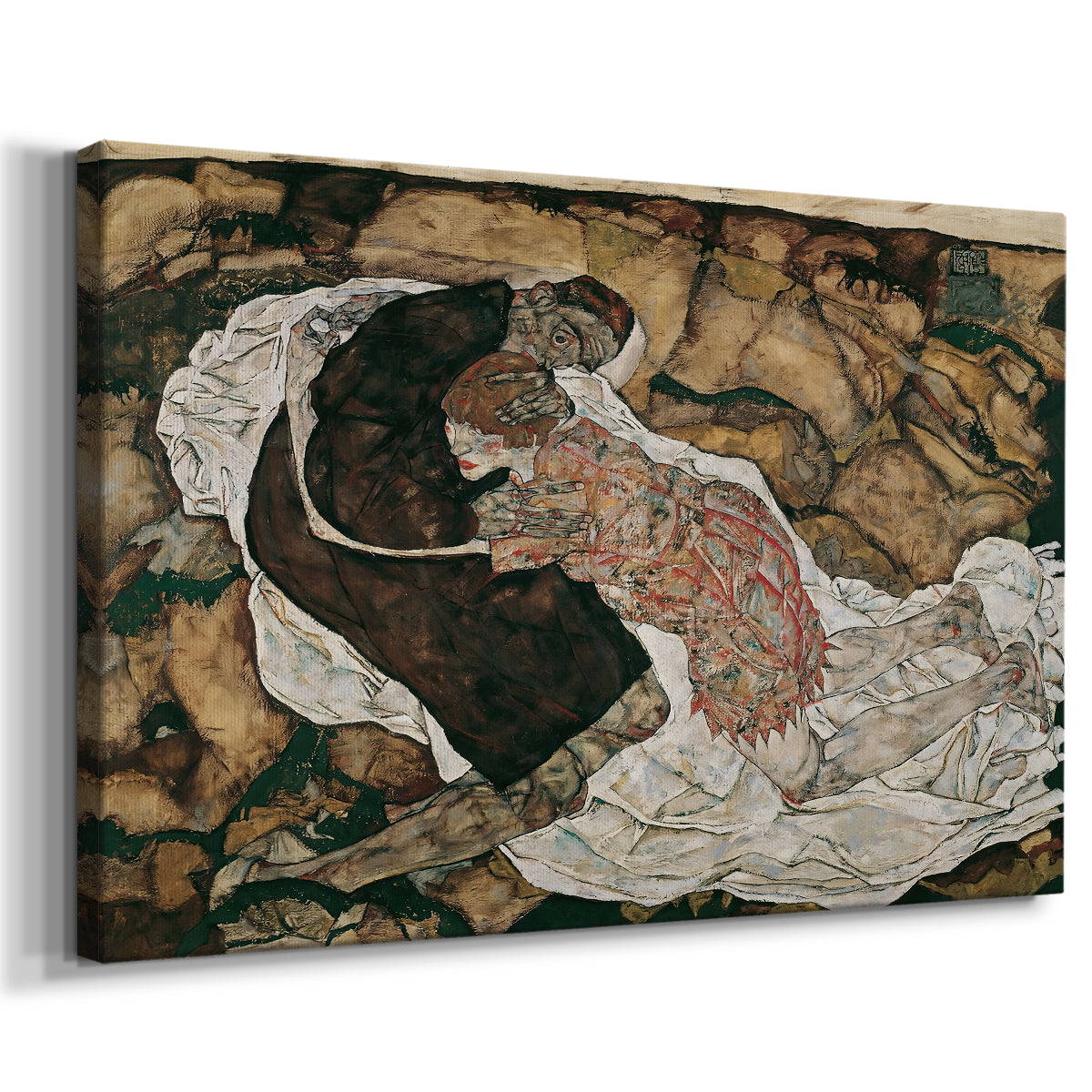 Canvas art print featuring a symbolic scene of mortality with two figures clinging together, displayed at an angle
