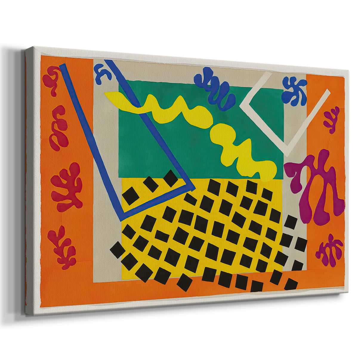 Canvas art print featuring a modernist collage with layered curved forms and rhythmic pattern, displayed at an angle