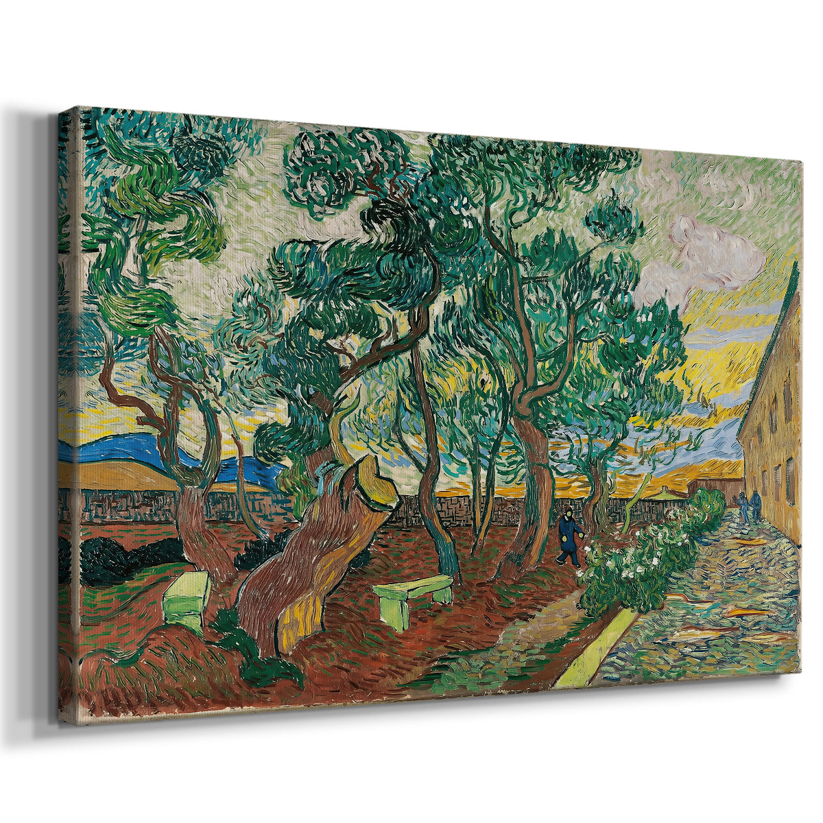 Canvas art print featuring an expressive landscape with structured garden elements, displayed at an angle