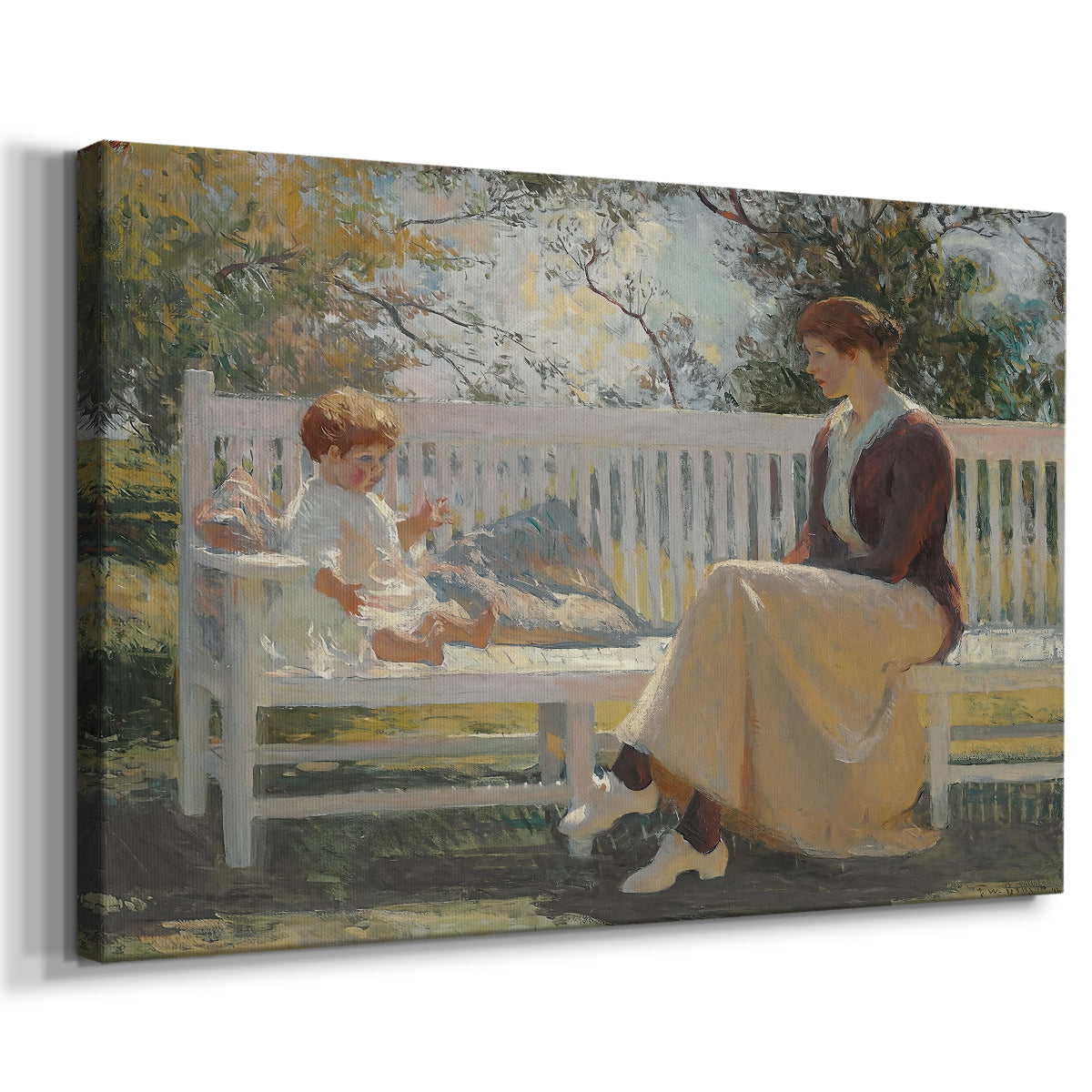 Canvas art print featuring an impressionist family scene in garden, displayed at an angle