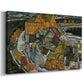 Canvas art print featuring a stylized townscape with clustered buildings and bold outlines, displayed at an angle