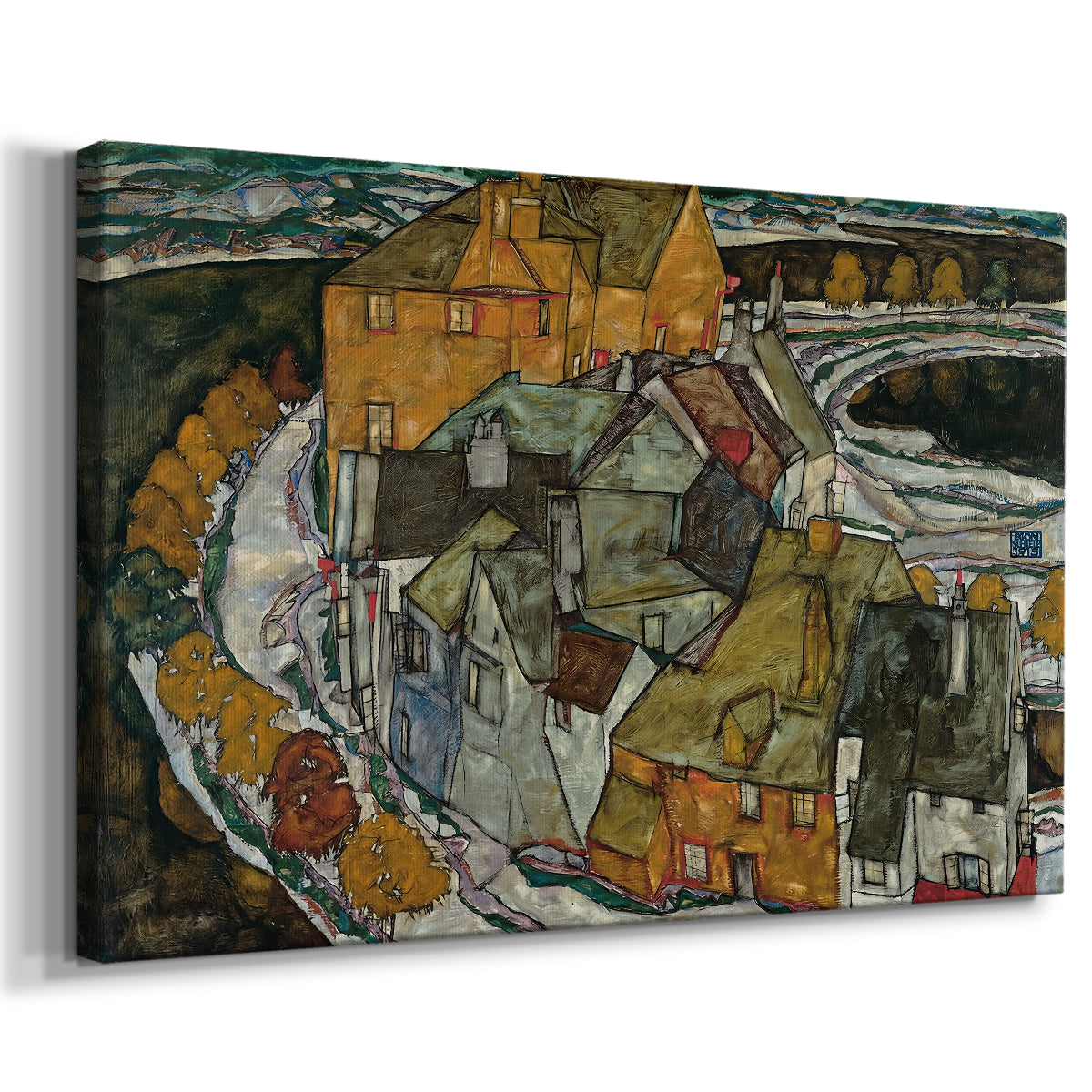 Canvas art print featuring a stylized townscape with clustered buildings and bold outlines, displayed at an angle