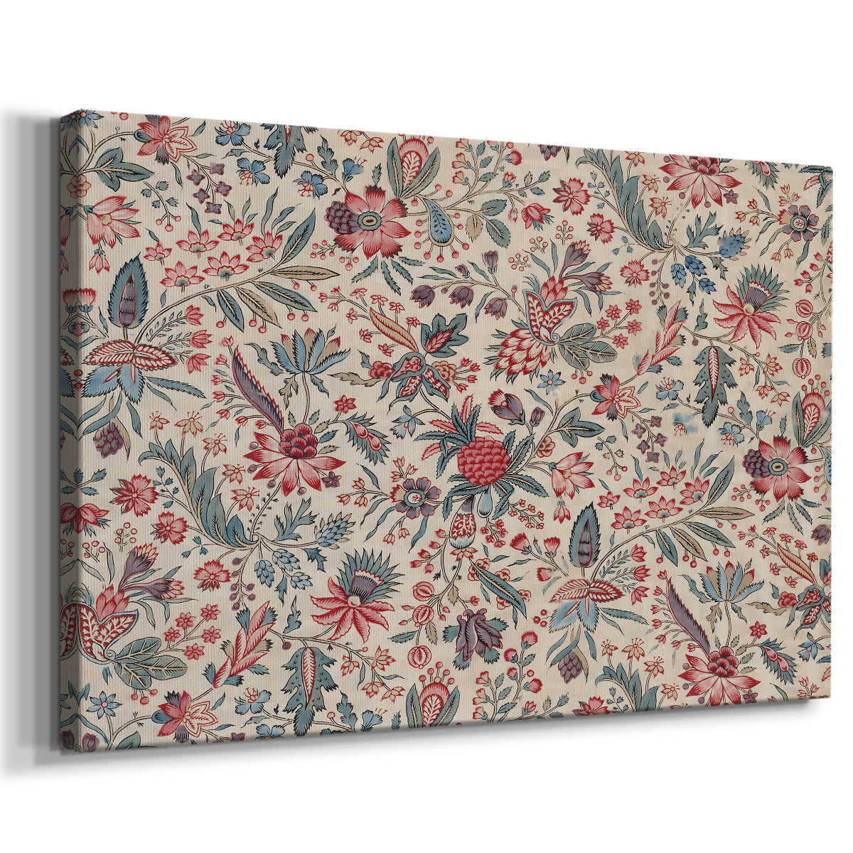 Canvas art print featuring a decorative design featuring layered leaves and blossoms, displayed at an angle