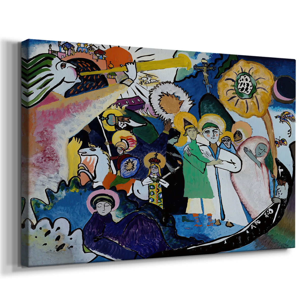 Canvas art print featuring an expressive scene with layered shapes implying crowd or gathering, displayed at an angle