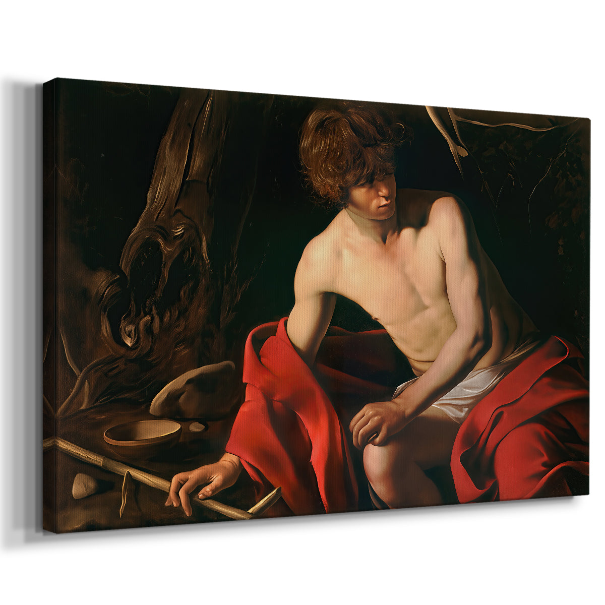 Canvas art print featuring a solitary figure of Saint John resting in natural setting with soft light, displayed at an angle