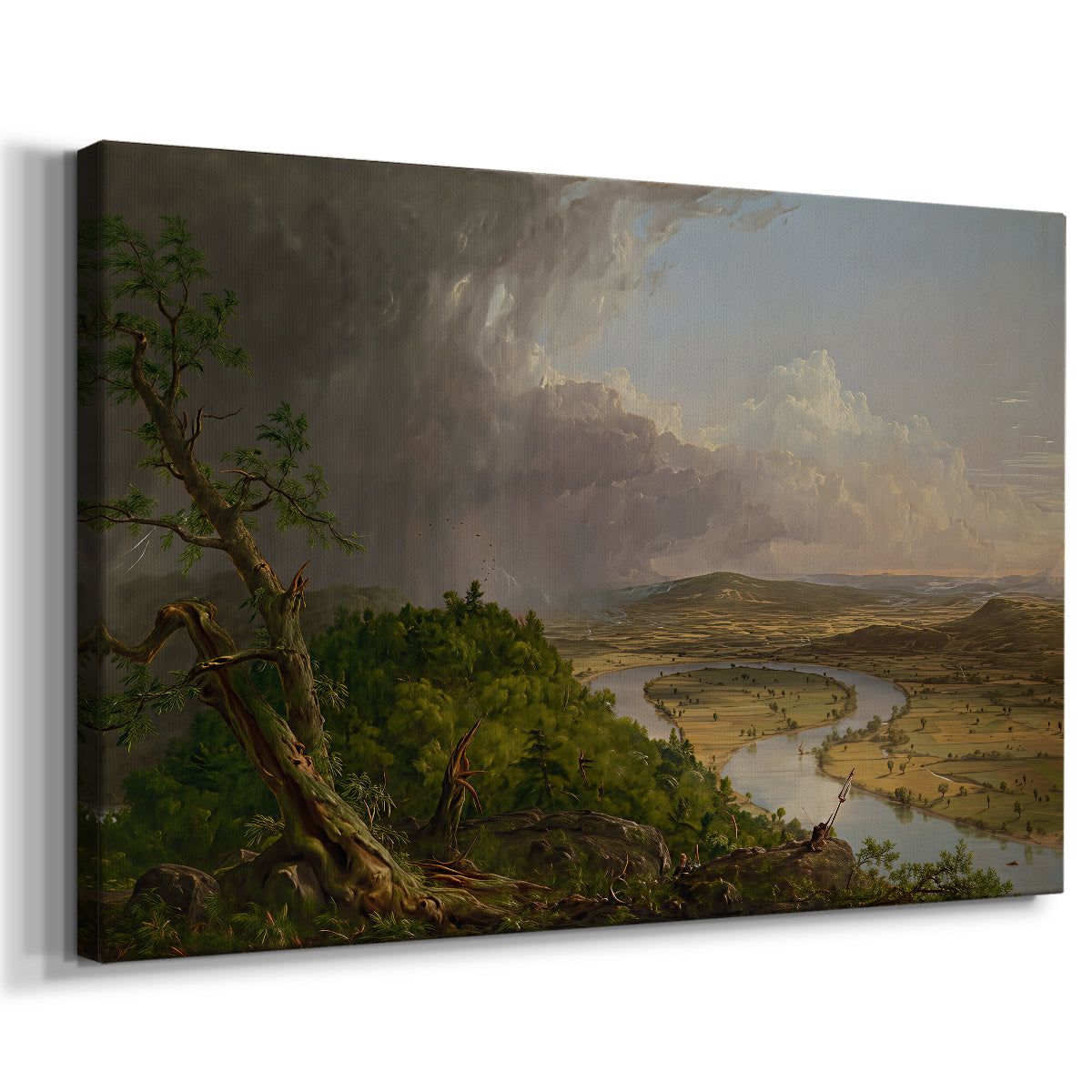 Canvas art print featuring an expansive view showing dramatic weather transition, displayed at an angle