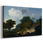 Canvas art print featuring a rural countryside scene with figures guiding animals, displayed at an angle