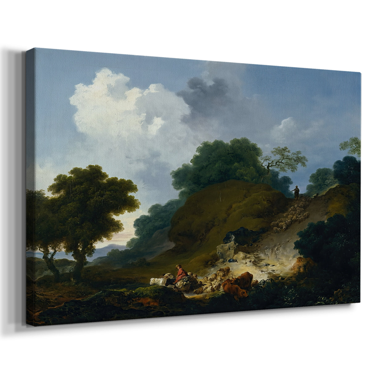 Canvas art print featuring a rural countryside scene with figures guiding animals, displayed at an angle