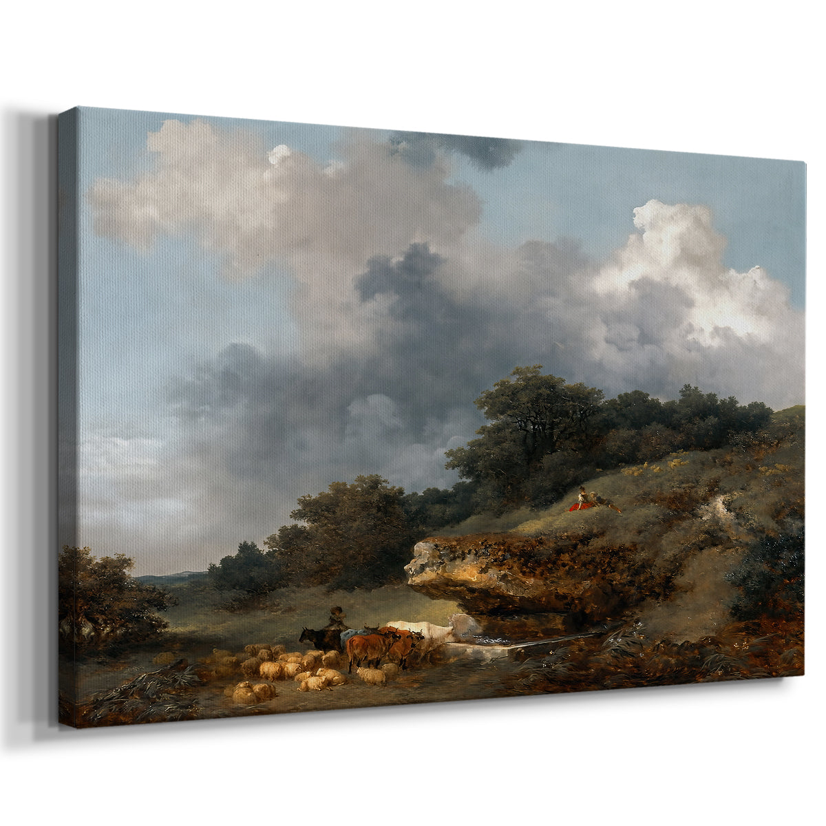 Canvas art print featuring a countryside scene with people and livestock at watering area, displayed at an angle