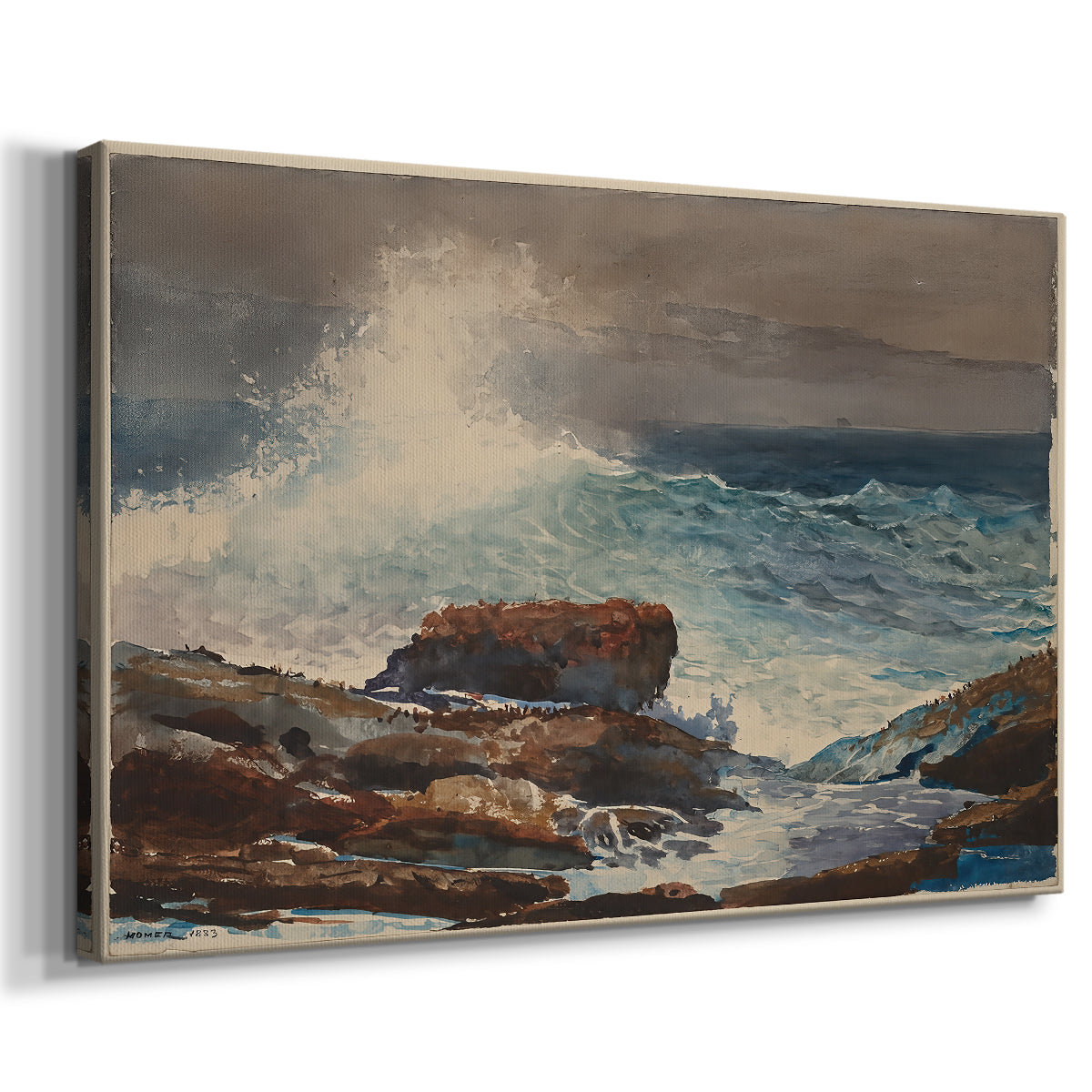 Canvas art print featuring a coastal scene showing water advancing toward land, displayed at an angle