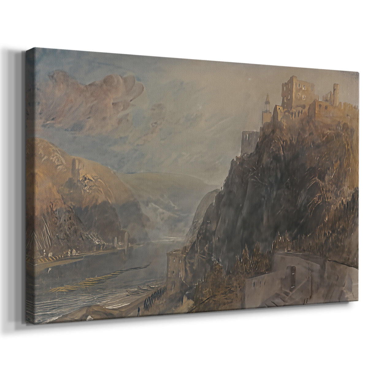 Canvas art print featuring a scenic view of structures overlooking river, displayed at an angle