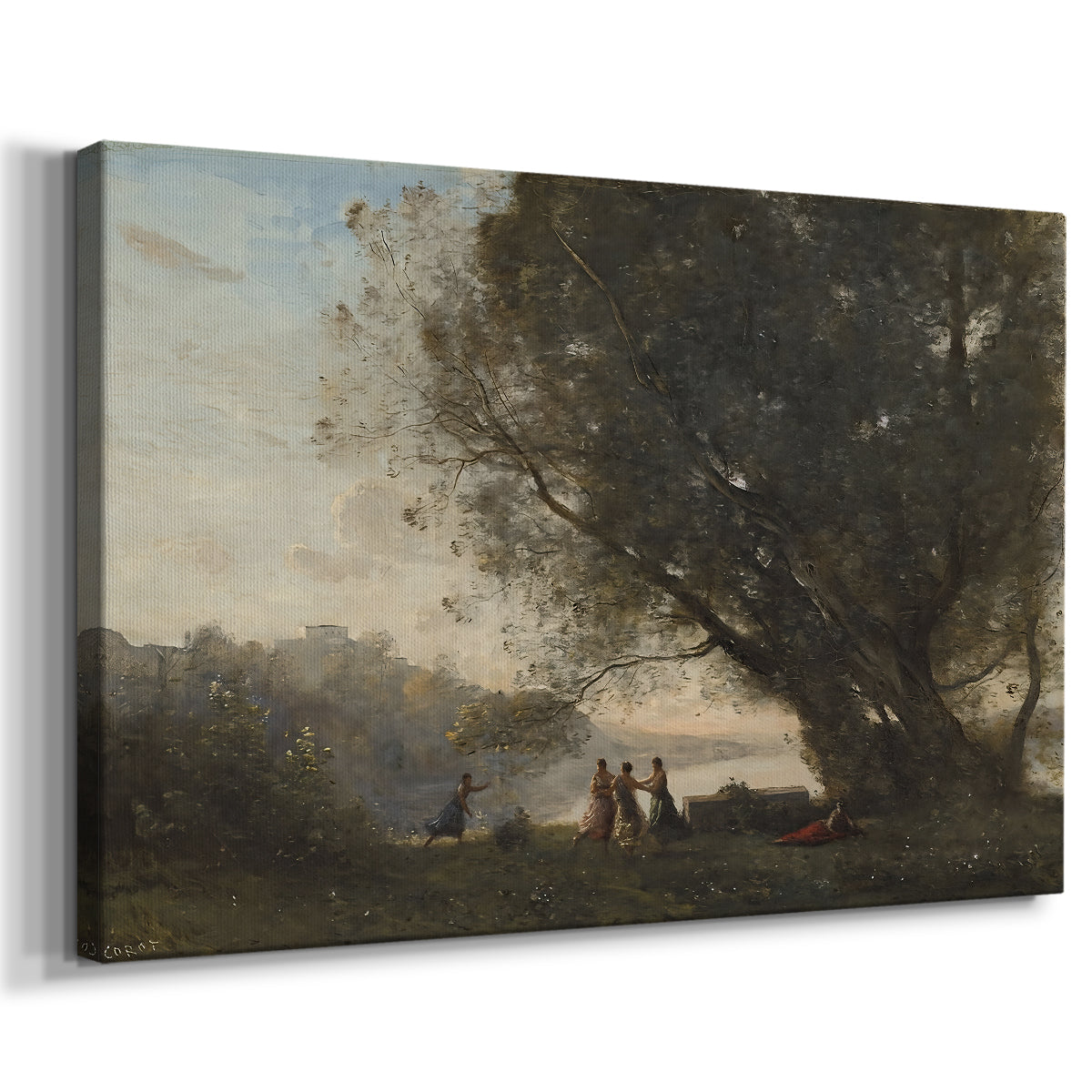 Canvas art print featuring a pastoral scene with people gathered near water and trees, displayed at an angle