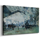 Canvas art print featuring an impressionist railway scene with locomotives and haze, displayed at an angle