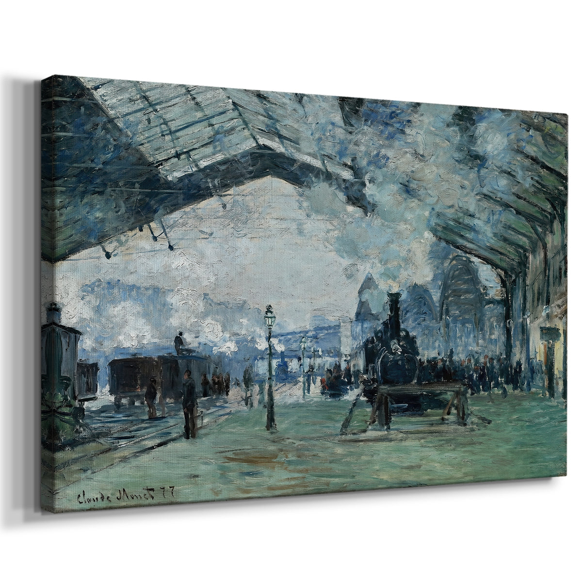 Canvas art print featuring an impressionist railway scene with locomotives and haze, displayed at an angle