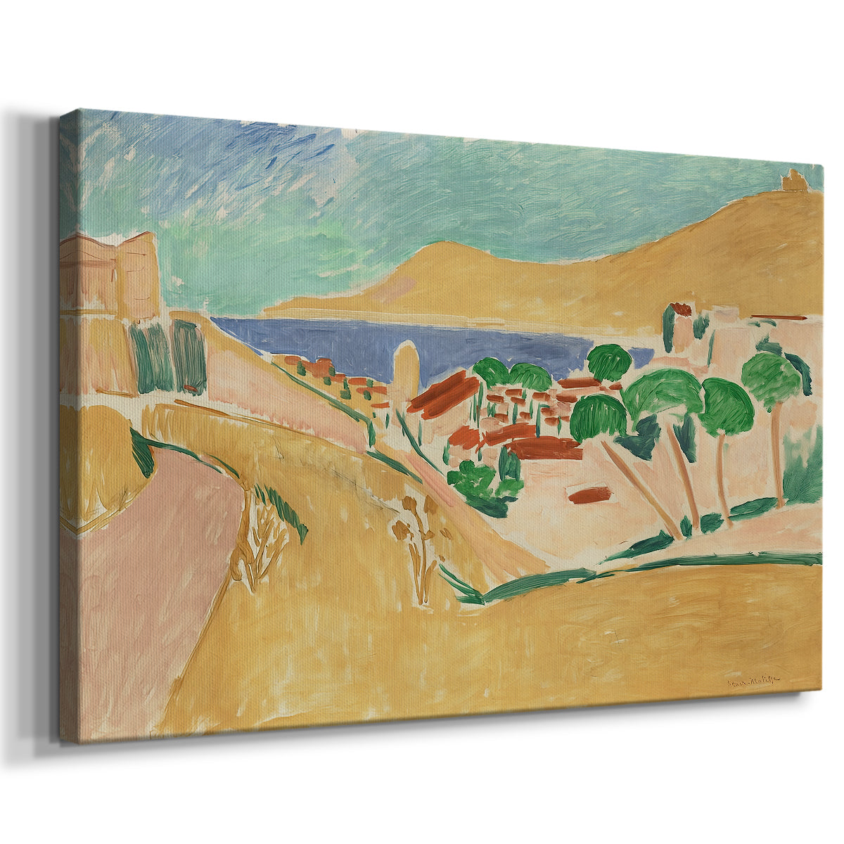 Canvas art print featuring a Fauvist landscape with bold color blocks and seaside view, displayed at an angle