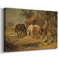 Canvas art print featuring a pastoral scene with animals eating in rural landscape, displayed at an angle