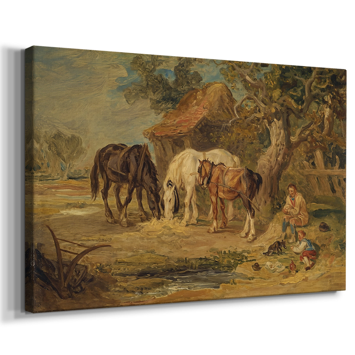 Canvas art print featuring a pastoral scene with animals eating in rural landscape, displayed at an angle