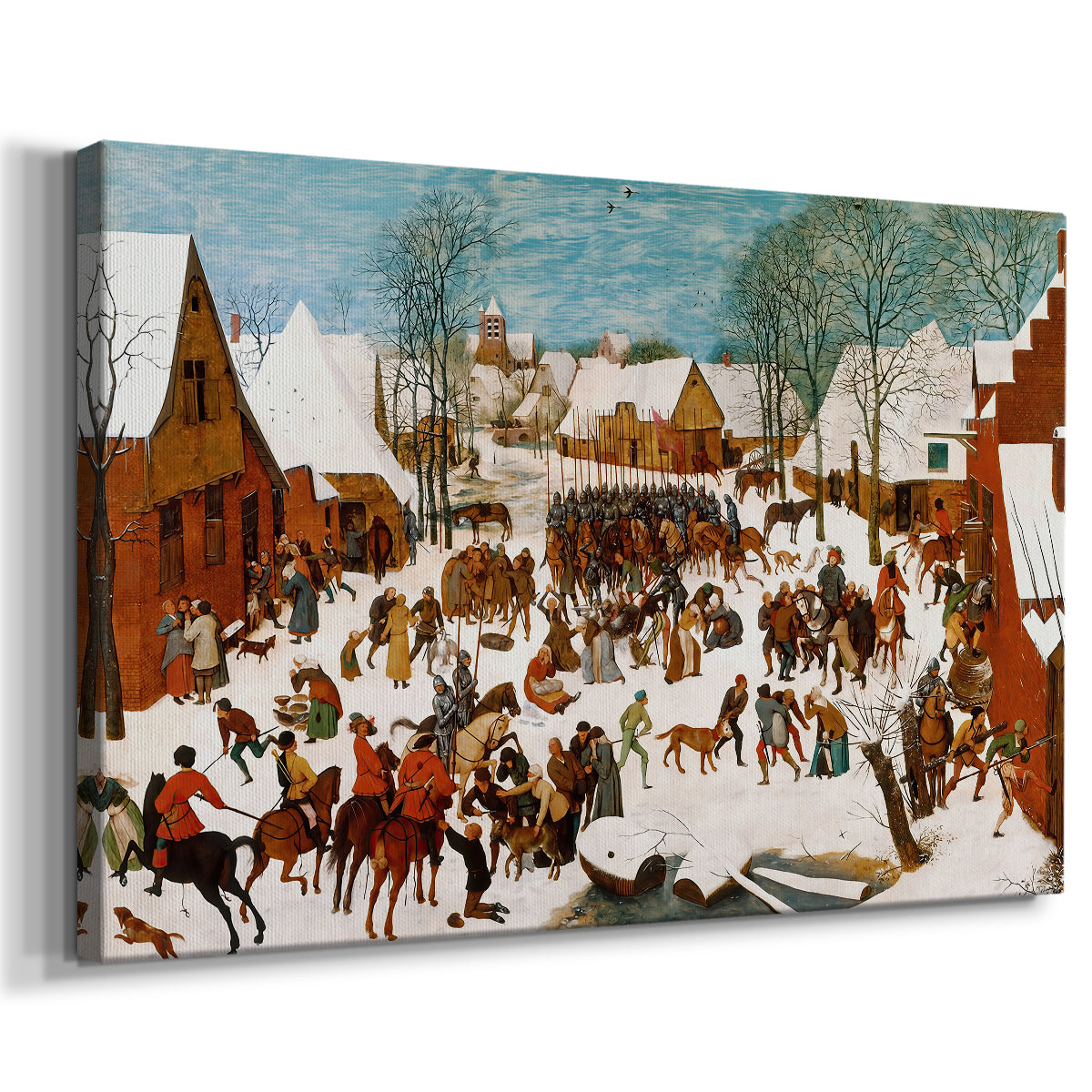 Canvas art print featuring a dramatic fight between civilians and soldiers, displayed at an angle