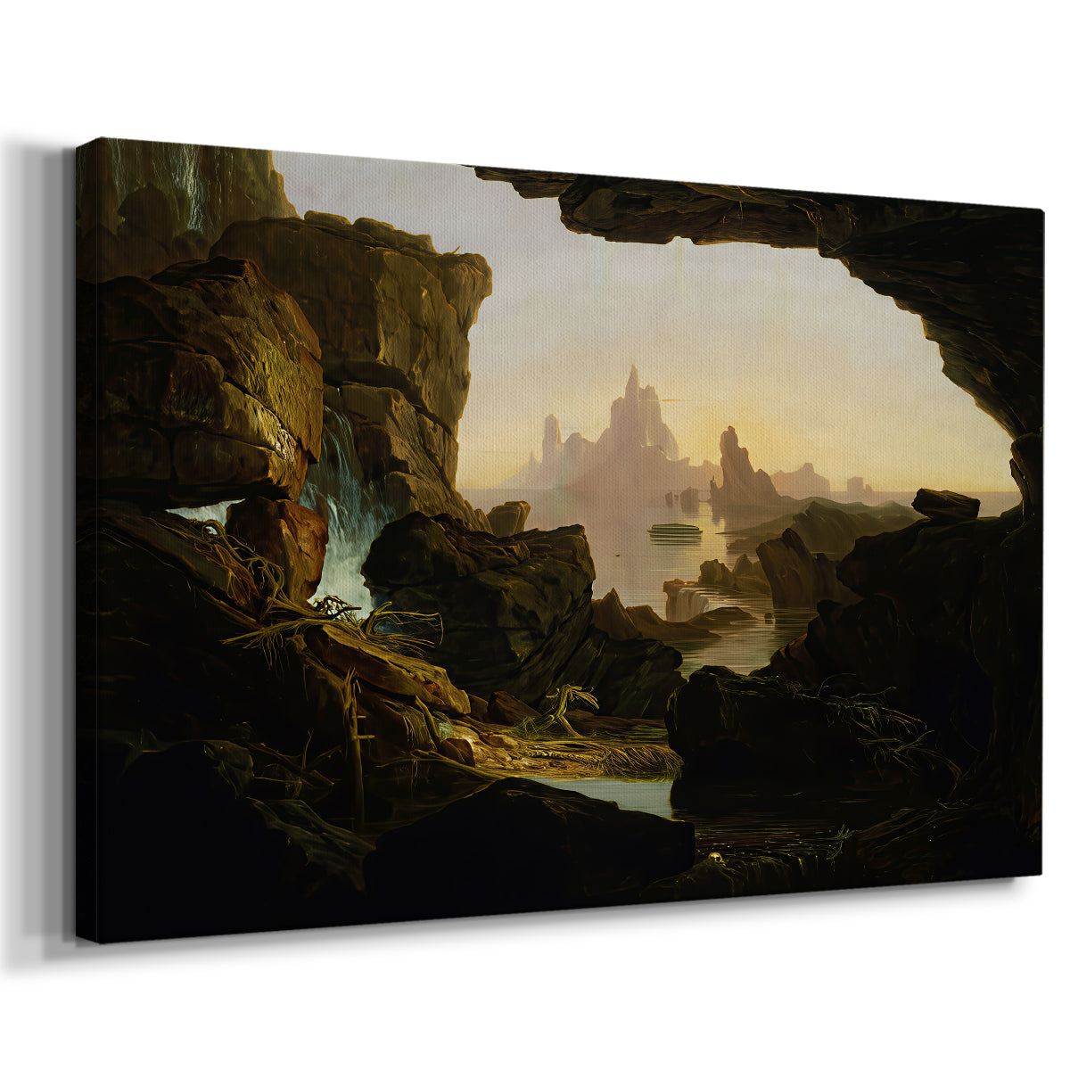 Canvas art print featuring a receding floodwaters revealing landscape with figures and debris, displayed at an angle