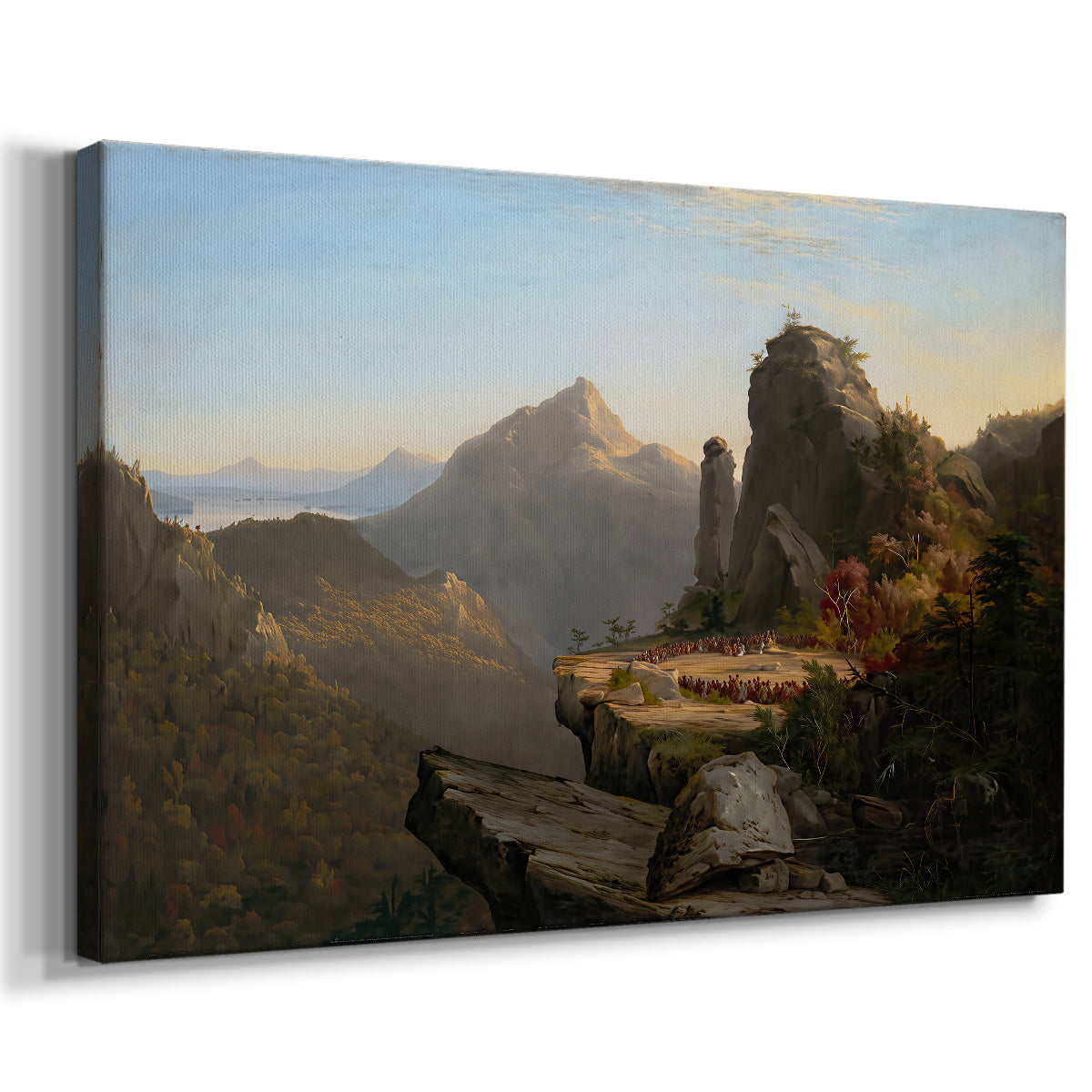 Canvas art print featuring a romantic wilderness scene with figures moving through dramatic terrain, displayed at an angle