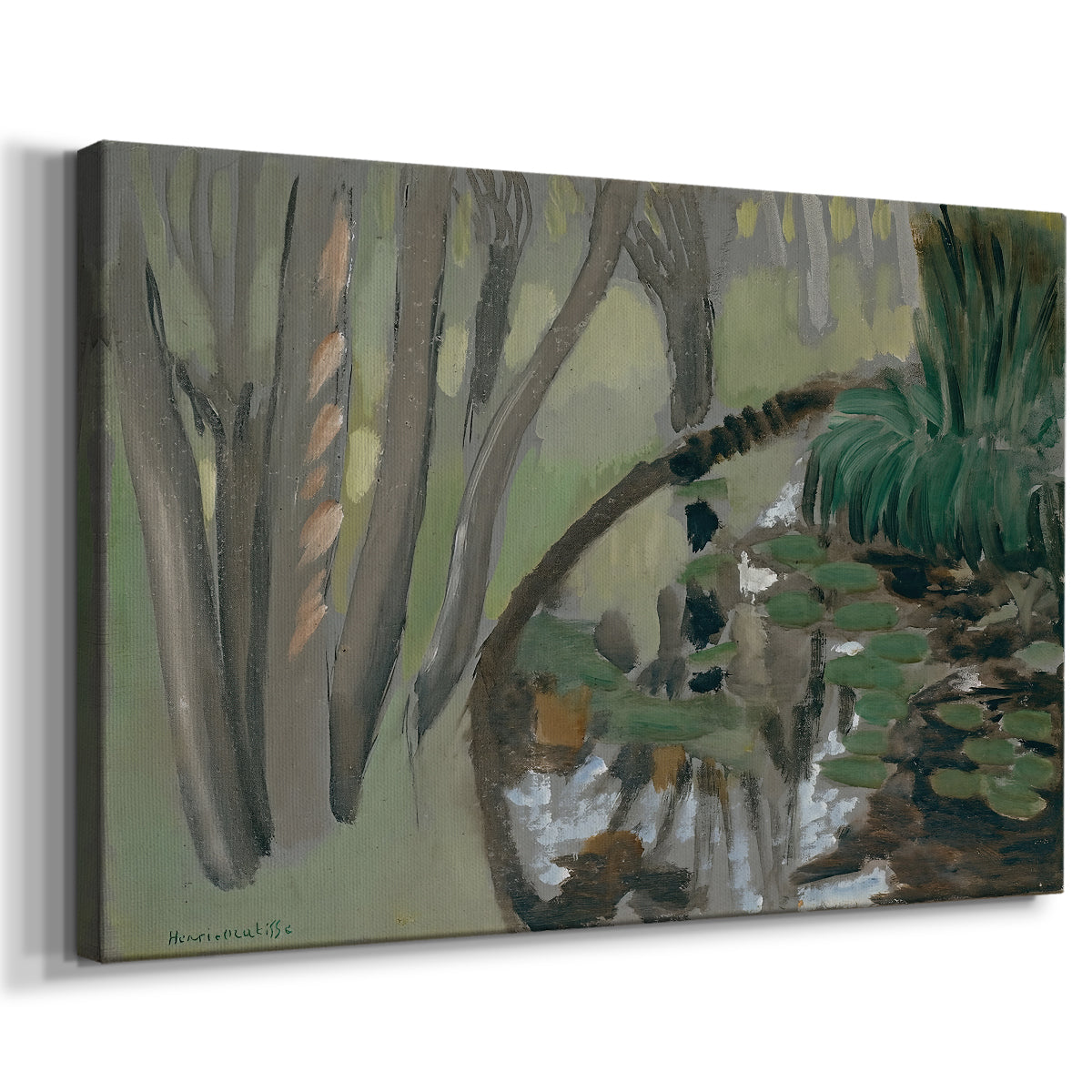 Canvas art print featuring a tranquil landscape of water in wooded terrain, displayed at an angle