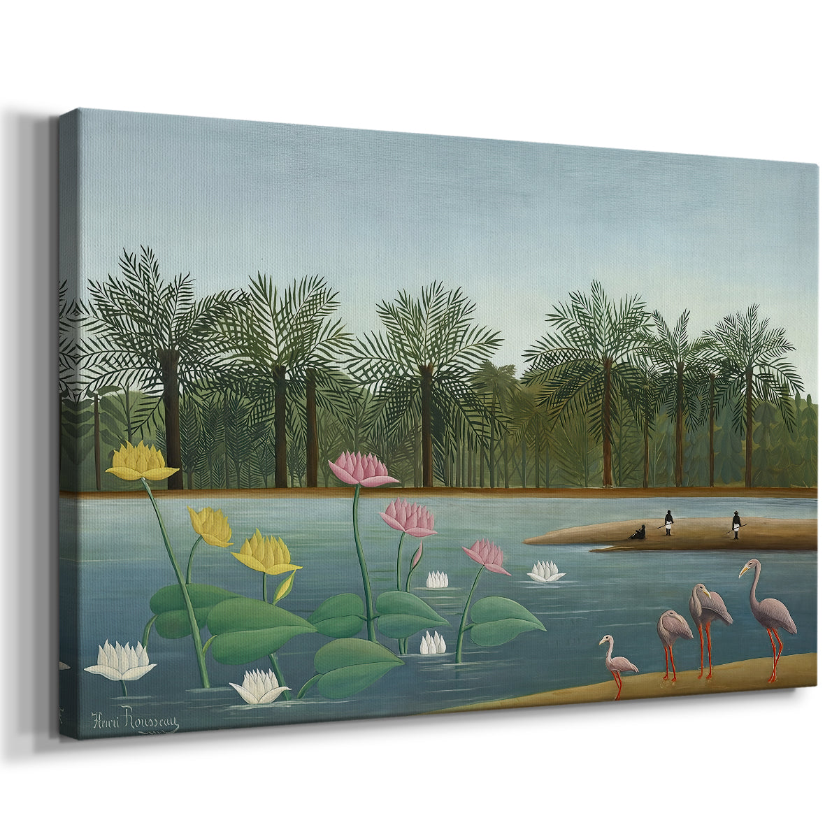 Canvas art print featuring an exotic wetland scene with birds and reflective water, displayed at an angle