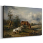 Canvas art print featuring a pastoral animal scene with horses, displayed at an angle