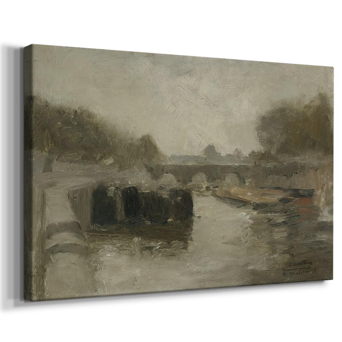 Canvas art print featuring an impressionist scene of a bridge softened by mist and light, displayed at an angle