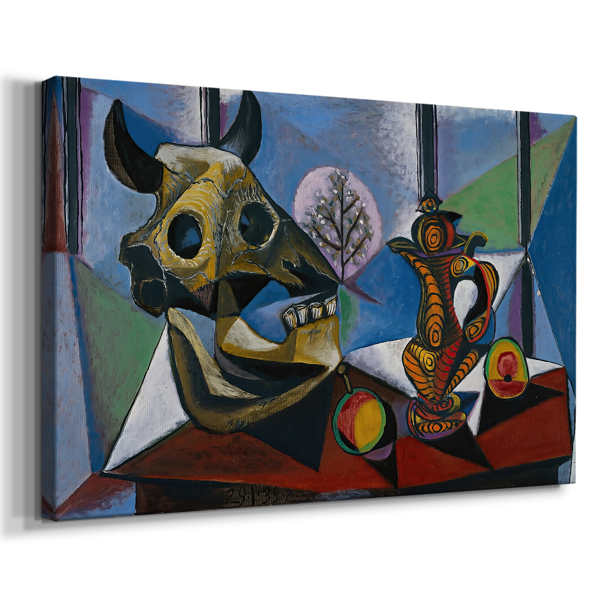 Canvas art print featuring a geometric still life featuring skull, displayed at an angle