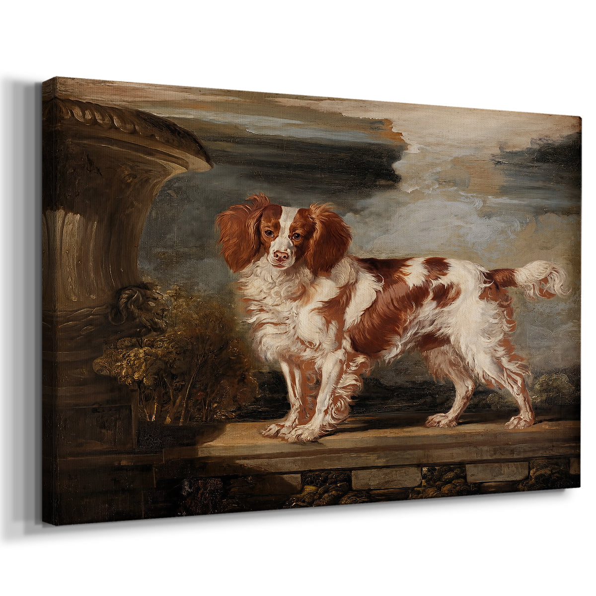Canvas art print featuring a detailed animal portrait of dog in natural setting, displayed at an angle