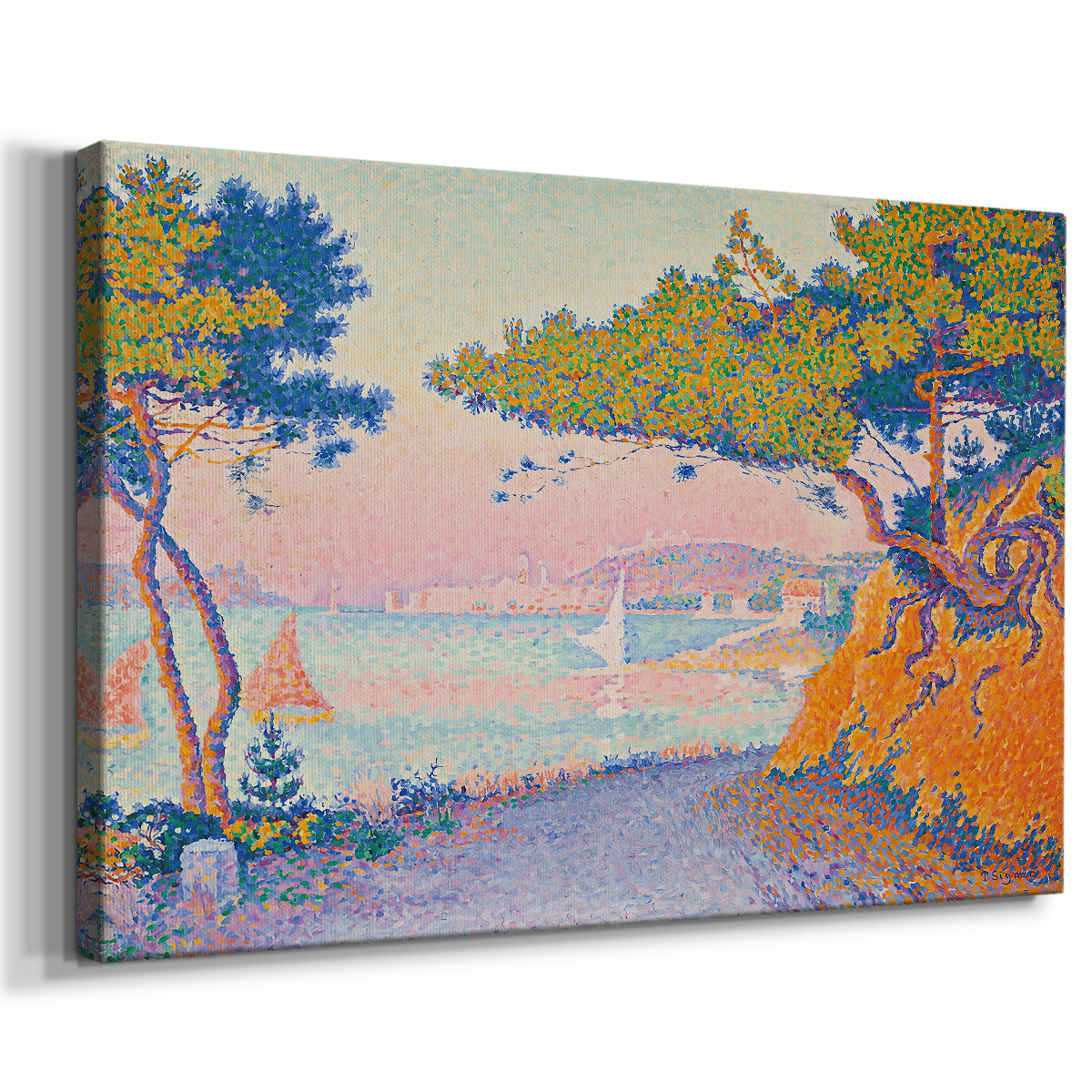 Canvas art print featuring a pointillist seaside scene with natural vegetation, displayed at an angle