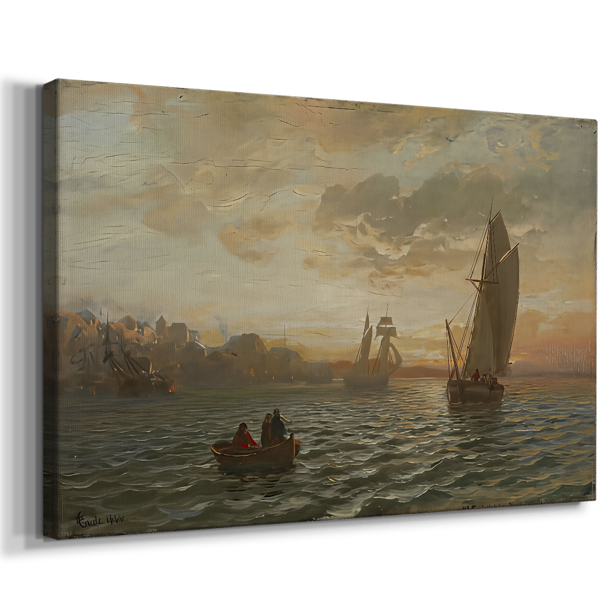 Canvas art print featuring a maritime view with layered shoreline and calm water, displayed at an angle
