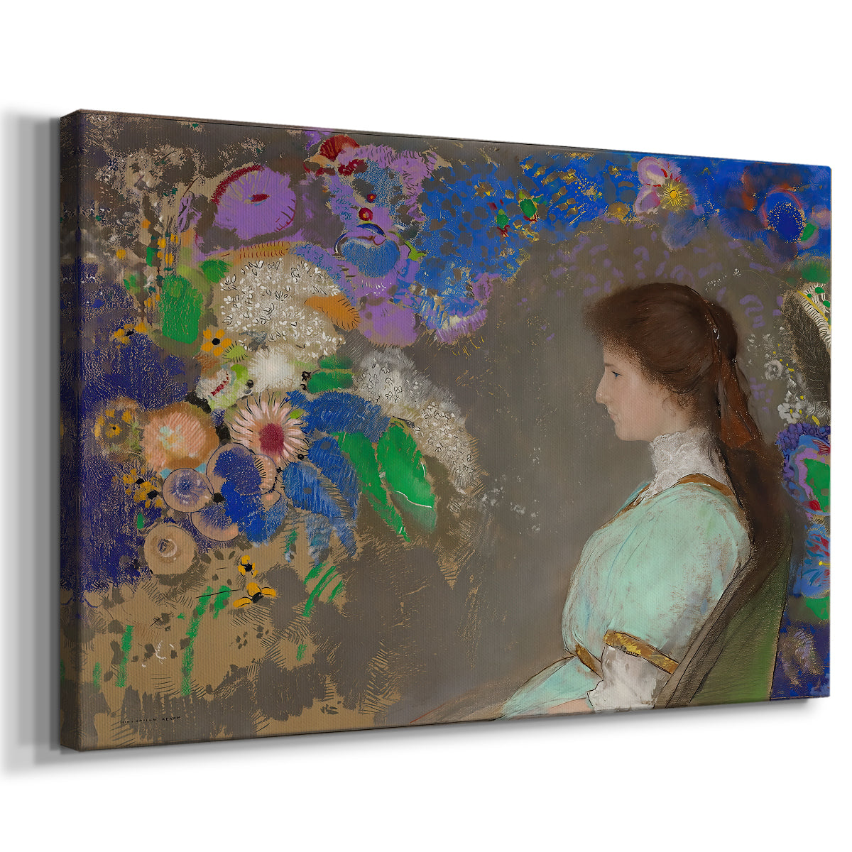 Canvas art print featuring a symbolic portrait with muted tones, displayed at an angle