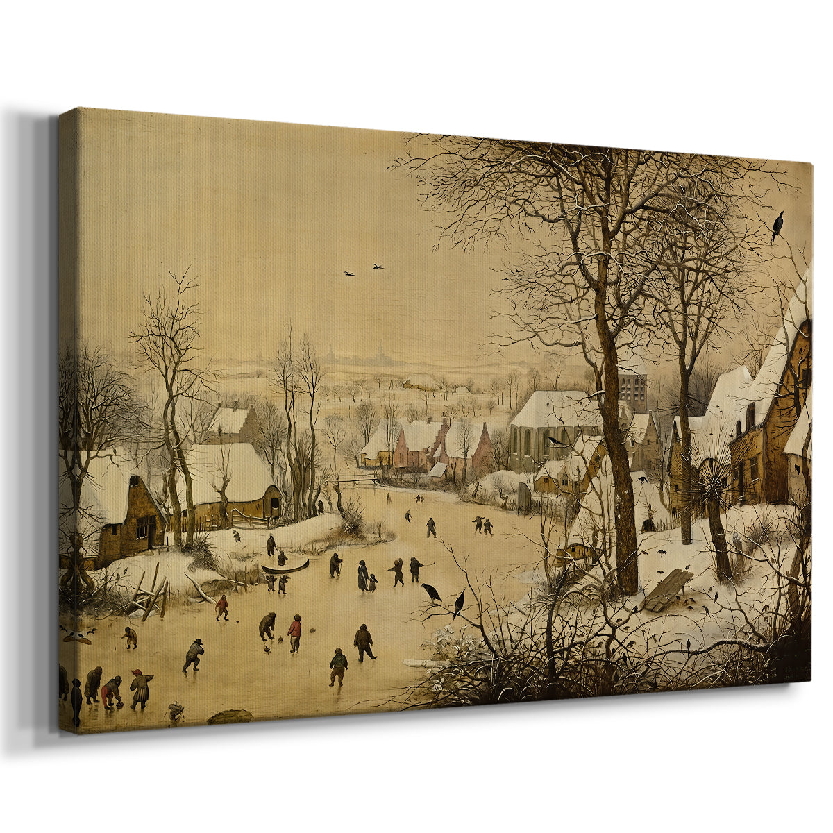 Canvas art print featuring a busy winter landscape with figures on frozen water, displayed at an angle