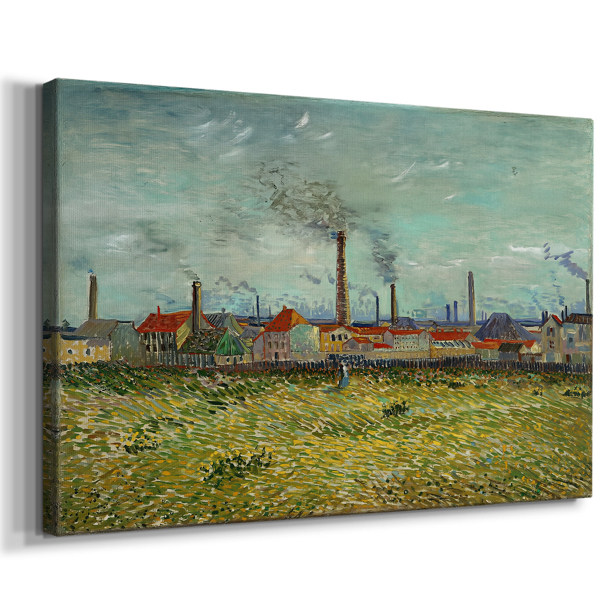 Canvas art print featuring an urban-industrial scene with factories and open sky, displayed at an angle