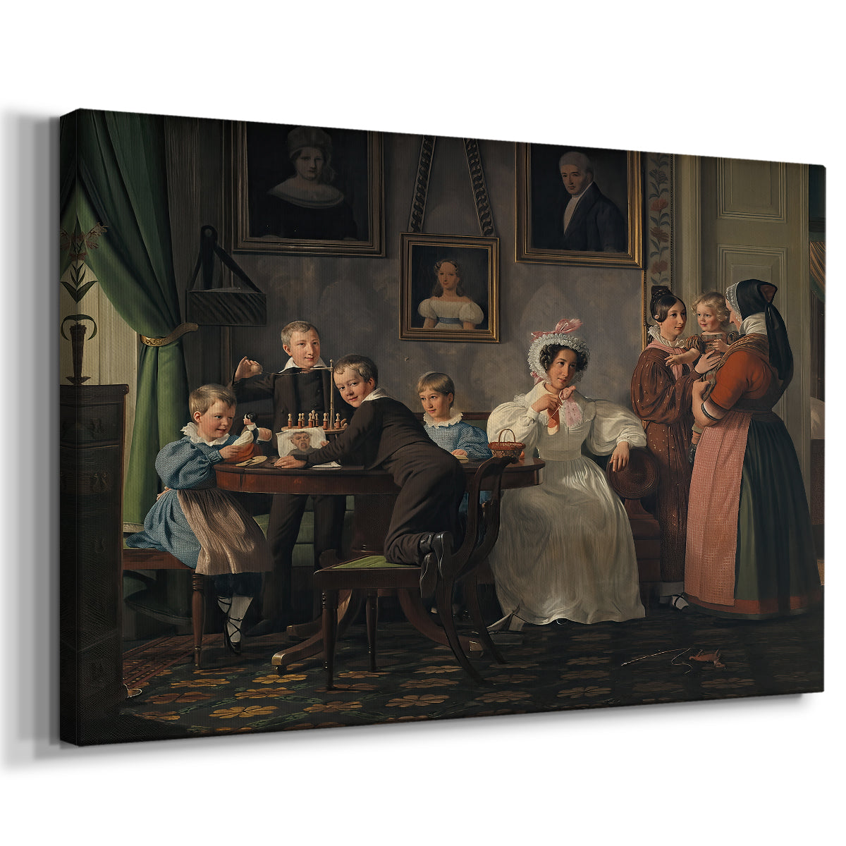 Canvas art print featuring a portrait scene with individuals arranged in formal interior, displayed at an angle