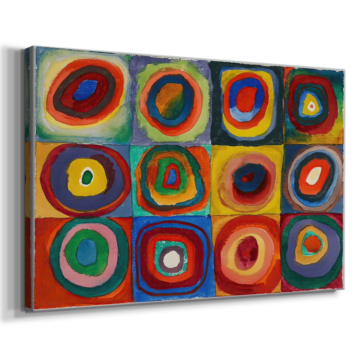 Canvas art print featuring a systematic exploration of color relationships within repeated structure, displayed at an angle