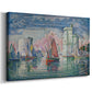 Canvas art print featuring a coastal entryway scene with boats navigating port, displayed at an angle