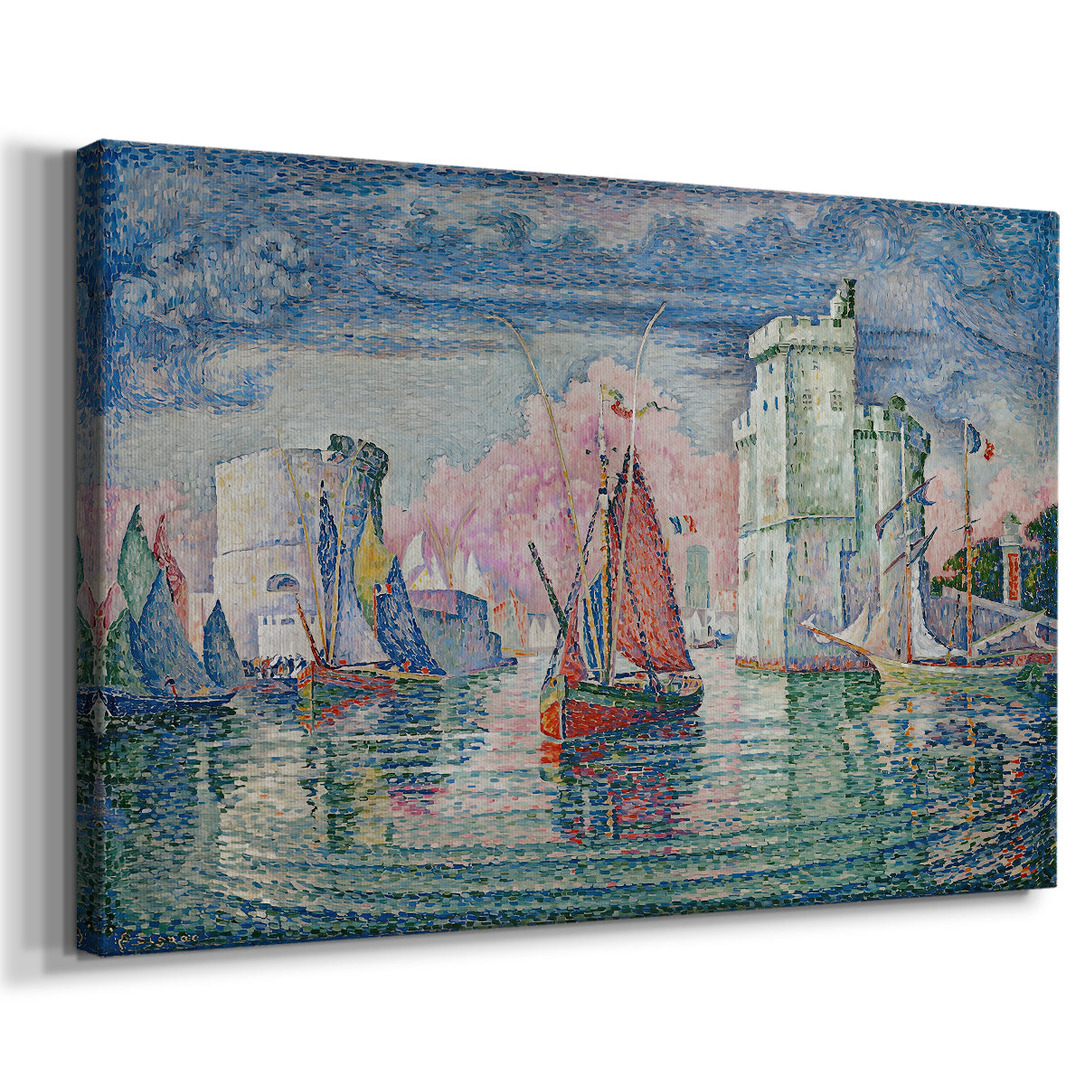 Canvas art print featuring a coastal entryway scene with boats navigating port, displayed at an angle