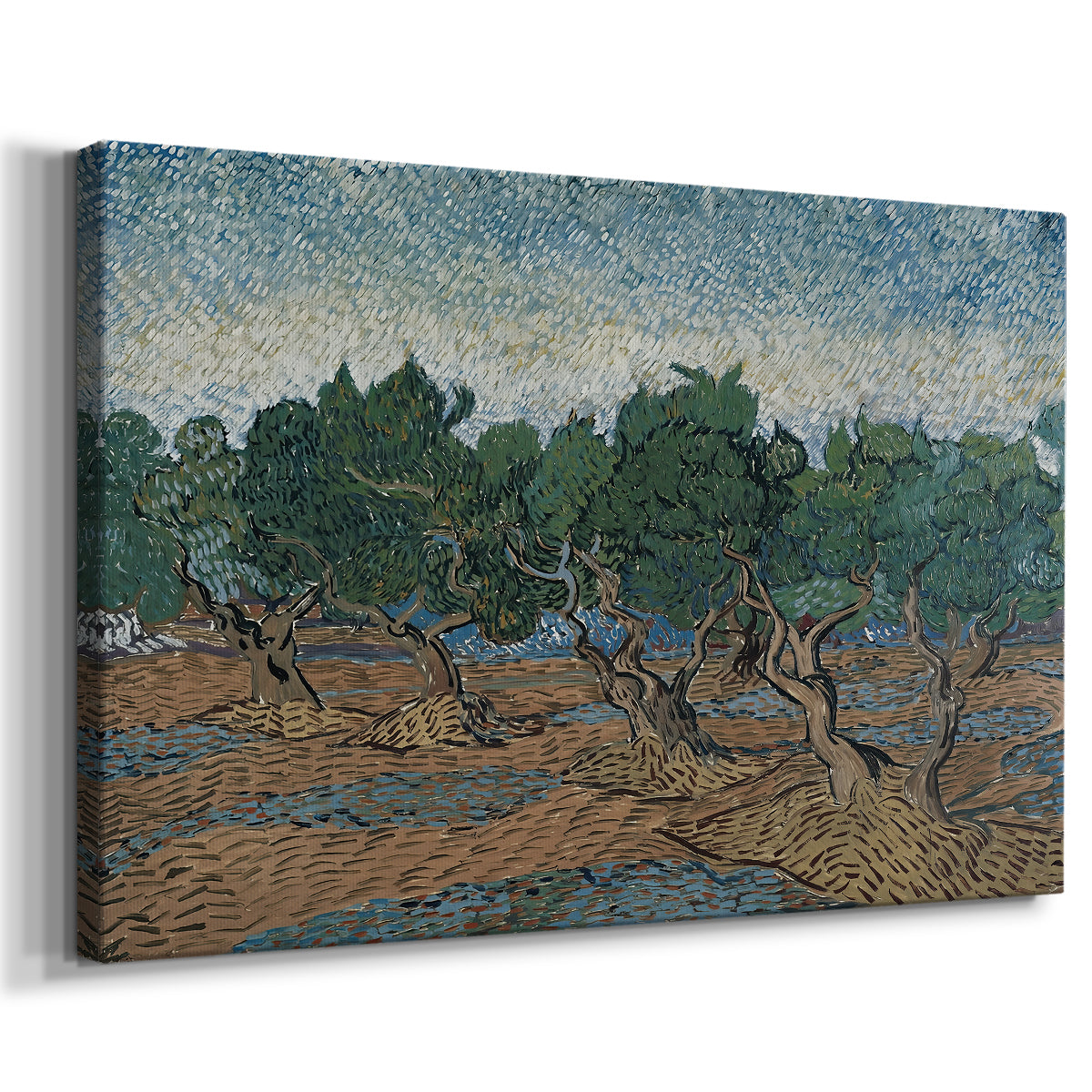 Canvas art print featuring an expressive landscape with trees and textured brushwork, displayed at an angle
