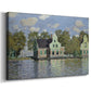 Canvas art print featuring an impressionist riverside village with colorful buildings, displayed at an angle