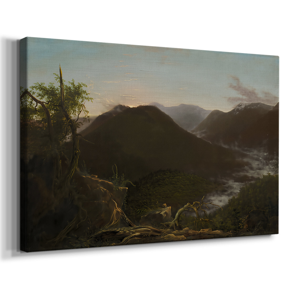Canvas art print featuring a romantic dawn landscape with misty mountains and wooded slopes, displayed at an angle