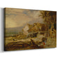 Canvas art print featuring a rustic mill building with waterwheel and surrounding nature, displayed at an angle