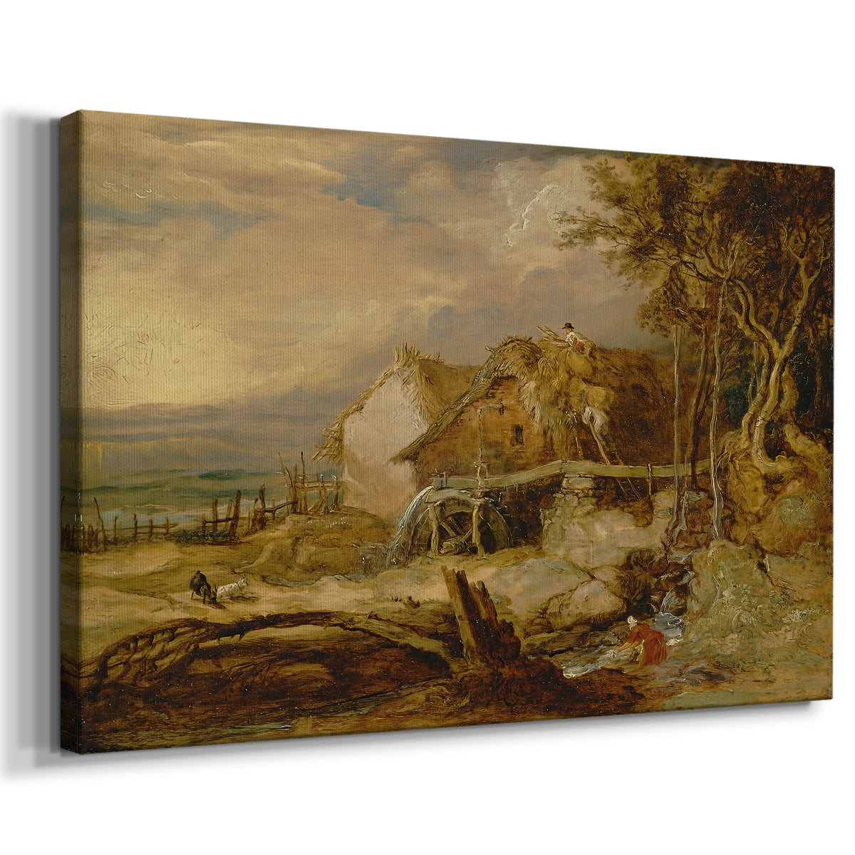 Canvas art print featuring a rustic mill building with waterwheel and surrounding nature, displayed at an angle