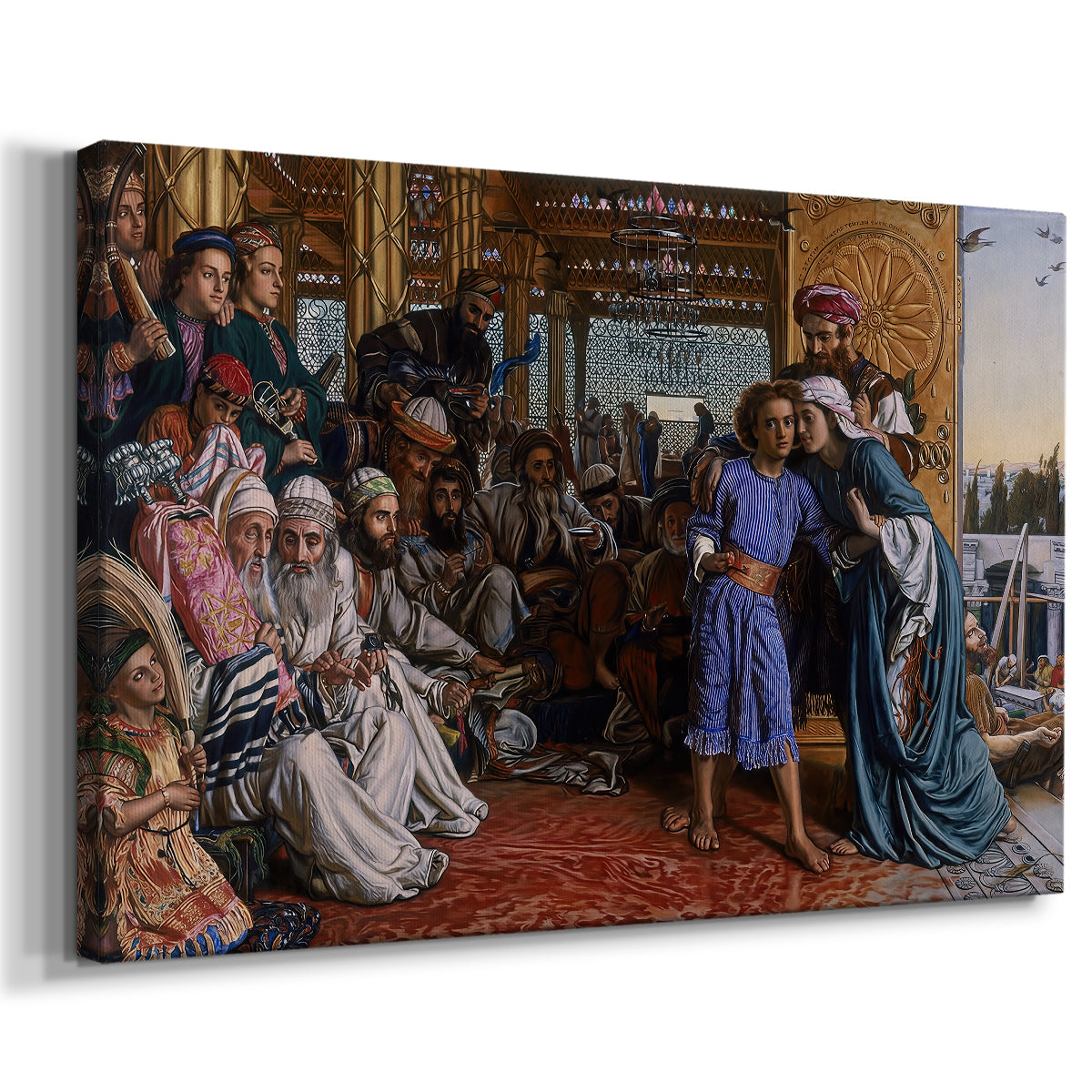 Canvas art print featuring a religious scene with figures arranged in architectural space, displayed at an angle