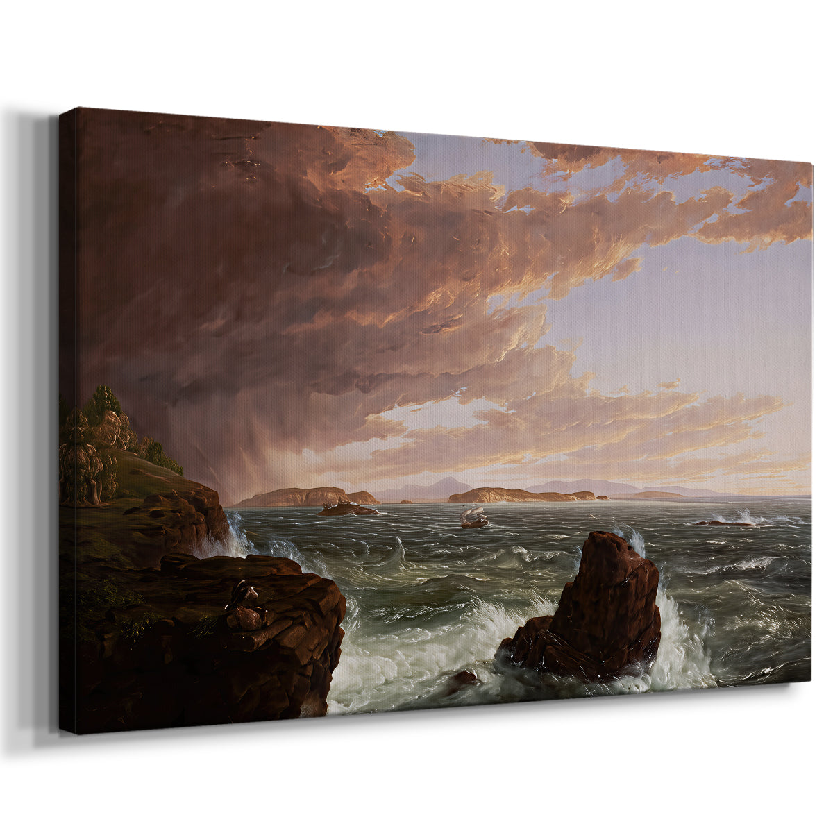 Canvas art print featuring a maritime scene with dramatic clouds over bay, displayed at an angle
