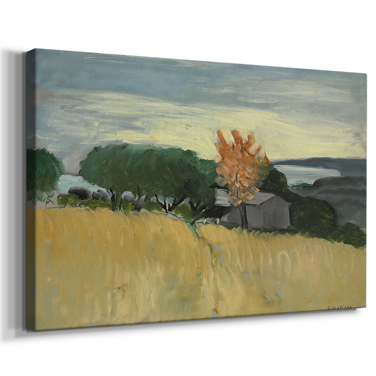Canvas art print featuring a rural landscape with tall wheat and distant horizon, displayed at an angle