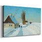 Canvas art print featuring a snowy village scene with figure clearing path near building, displayed at an angle