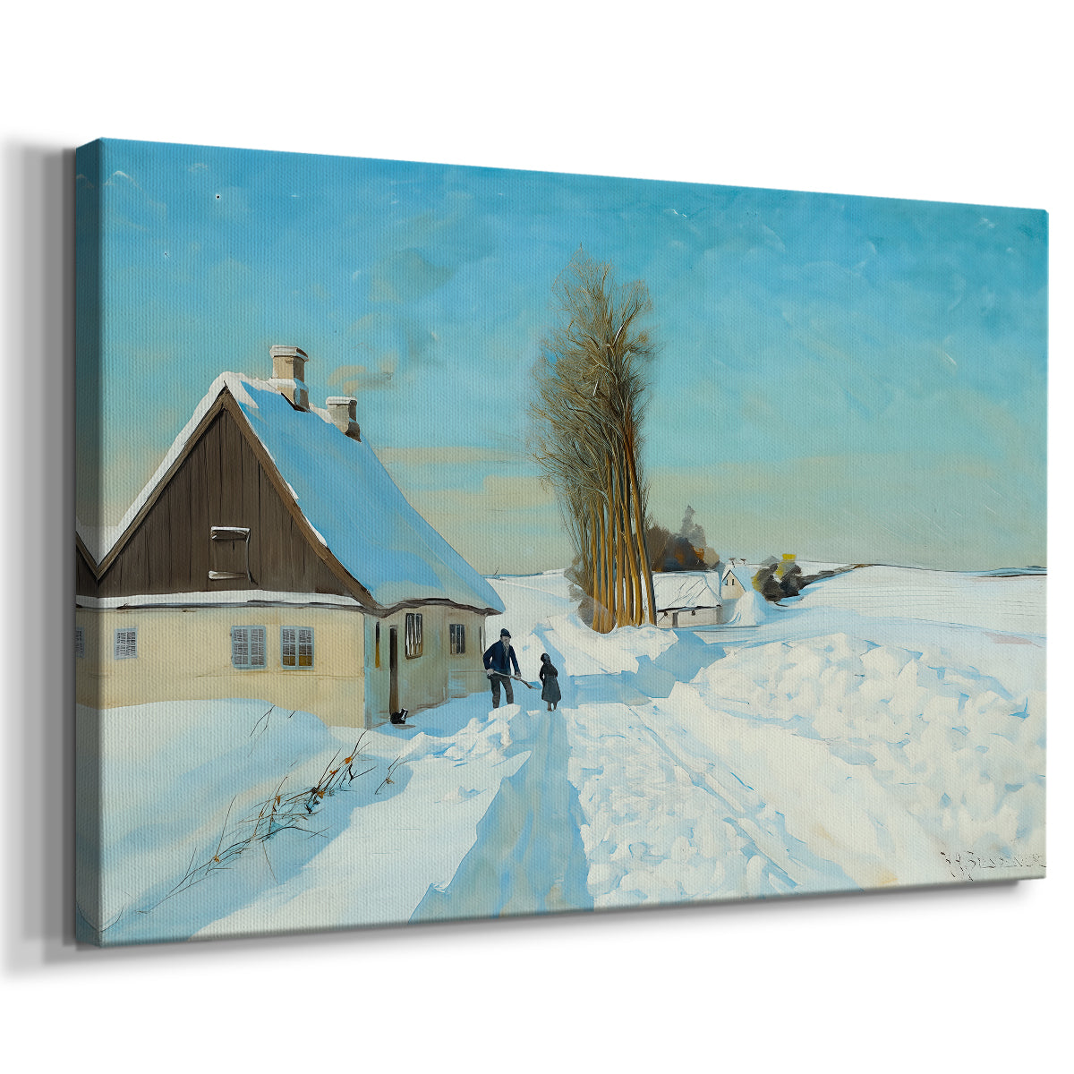 Canvas art print featuring a snowy village scene with figure clearing path near building, displayed at an angle