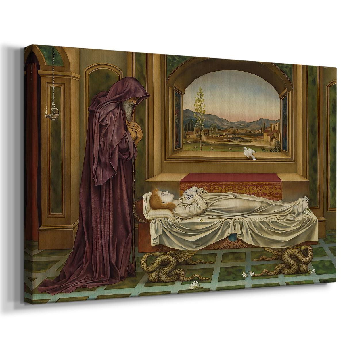 Canvas art print featuring a symbolic portrait of wandering figure in quiet architectural setting, displayed at an angle